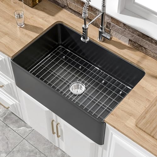 HOMLYLINK 30" x 20" Fireclay Apron Front Farmhouse Sink Black for Kitchen