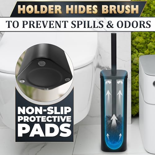 Image of Black Toilet Brush with Square Stainless Steel Holder - Freestanding Toilet Brush and Holder Set Black - Removable Plastic Inner Cup, Splash Guard Cover, Replaceable Head, Corrosion Resistant Finish