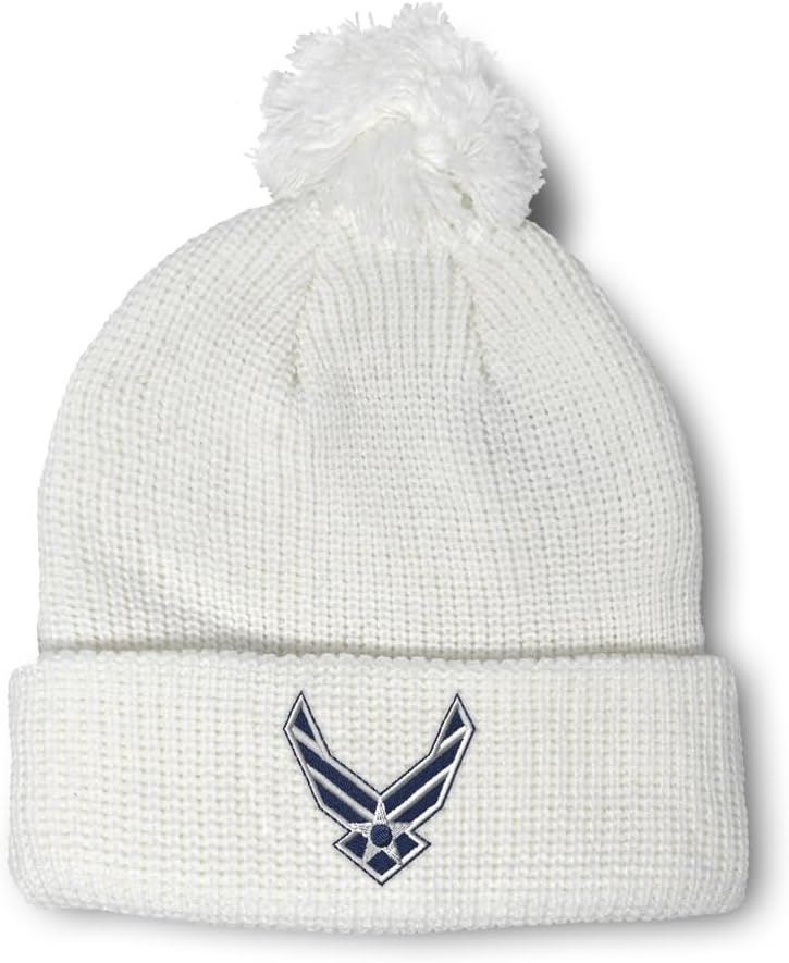 Custom Pom Pom Beanies for Women Air Force Emblem Embroidery Skull Cap Winter Hats for Men Acrylic One Size