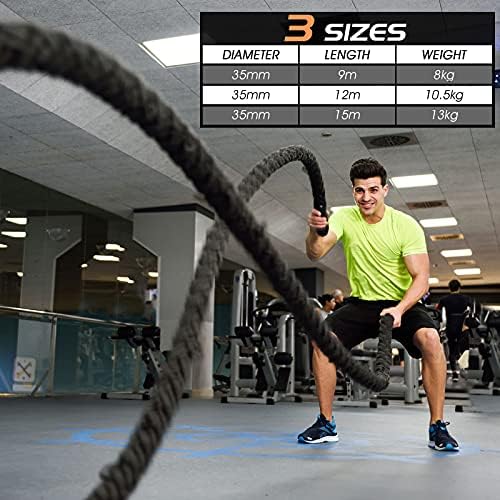 GYMAX 9m/12m/15m Battle Rope, 35mm Strength Training Exercise Ropes with Anchor Strap Kit and Protective Sleeve, Dacron Fitness Workout Battling Ropes for Home Gym