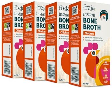 Freja Instant Chicken Bone Broth | Chicken | 100% Natural | Rich in Collagen, Protein & Amino Acids | Dairy & Gluten Free, 4 boxes (4 x 15g Sachets Per Box)