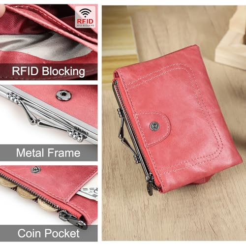 CONTACTS Full Grain Leather Kiss Lock Wallet for Women Kiss Clasp Coin Purse Vintage Small Bifold Wallet with Rfid Blocking (Rose Pink)3