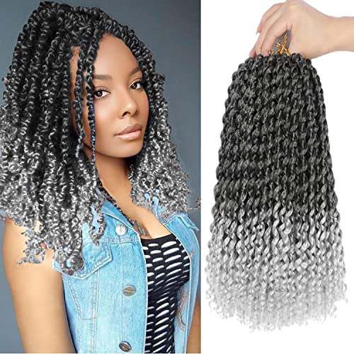 Ubeleco Ombre Silver Passion Twist Hair, 10 Inch Water Wave Crochet Hair Short Passion Twist Crochet Hair Bohemian Synthetic Curly Braiding Hair Extensions (10 Inch (Pack of 7),1B/Gray)