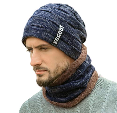 Conjunto de Cachecol de chapéu de Inverno 2 peças Gorro Masculino Quente com Caveira Forrado de Malh