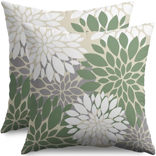 Sage Green White Grey Gray Pillow Covers 20X20 Inch Set of 2, Spring Modern Geometry Dahlia Floral Print Decorative Throw Pillow Covers Outdoor Farmhouse Cushion Case for Couch Sofa Bed Decor by Smozenith - Used condition - US$15.14