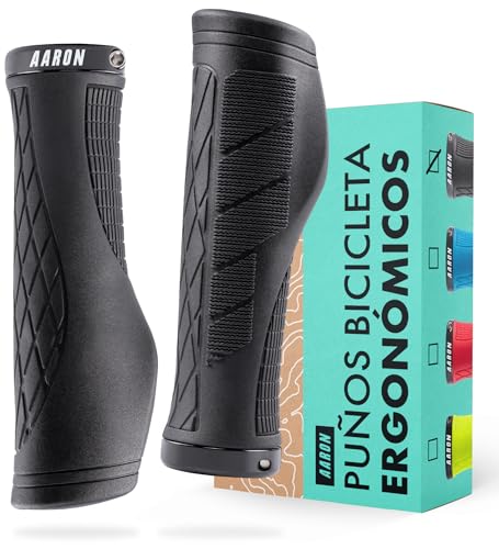 AARON FIT - Puños de Gel con amortiguación - Diseño Deportivo Antideslizante con Extremo atornillable - para bicis eléctricas, de Trekking, de montaña, de piñón Fijo y ciclocrós - Negro