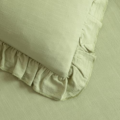 Image of Foindtower Set of 2 Decorative Linen Fringe Ruffle Throw Pillow Covers Soft Boho Farmhouse Cushion Cover Cozy Accent Retro Pillowcase for Couch Sofa Bed Living Room Home Decor,22x22 Inch,Light Green