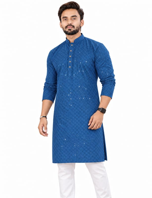 Image of Men's Lakhnawi Chikankari Kurta Set Cotton Ethnic Kurta Pajama for Men Wedding Festive Designer Indian Outfit Stylish Embroidered Kurta Set