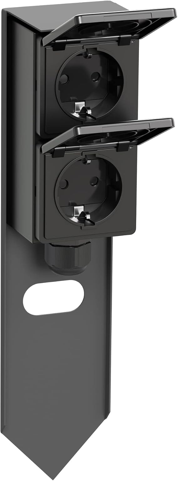 PIWI Garden Socket Column with Ground Spike for Outdoor Use IP44 2-Way Stainless Steel Plastic Anthracite Square 30 cm Outdoor Socket Garden Socket Socket Tower Outdoor Socket