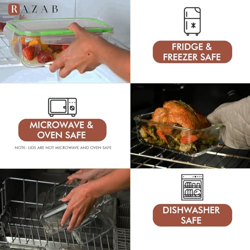 Image of Razab 4 PC 1860ml / 63 Oz / 8 Cups Large Glass Food Storage Containers with Lids - Glass Meal Prep Containers for Roasting & Storing Leftover, Lunch Container with Lids, Microwave & Oven Safe