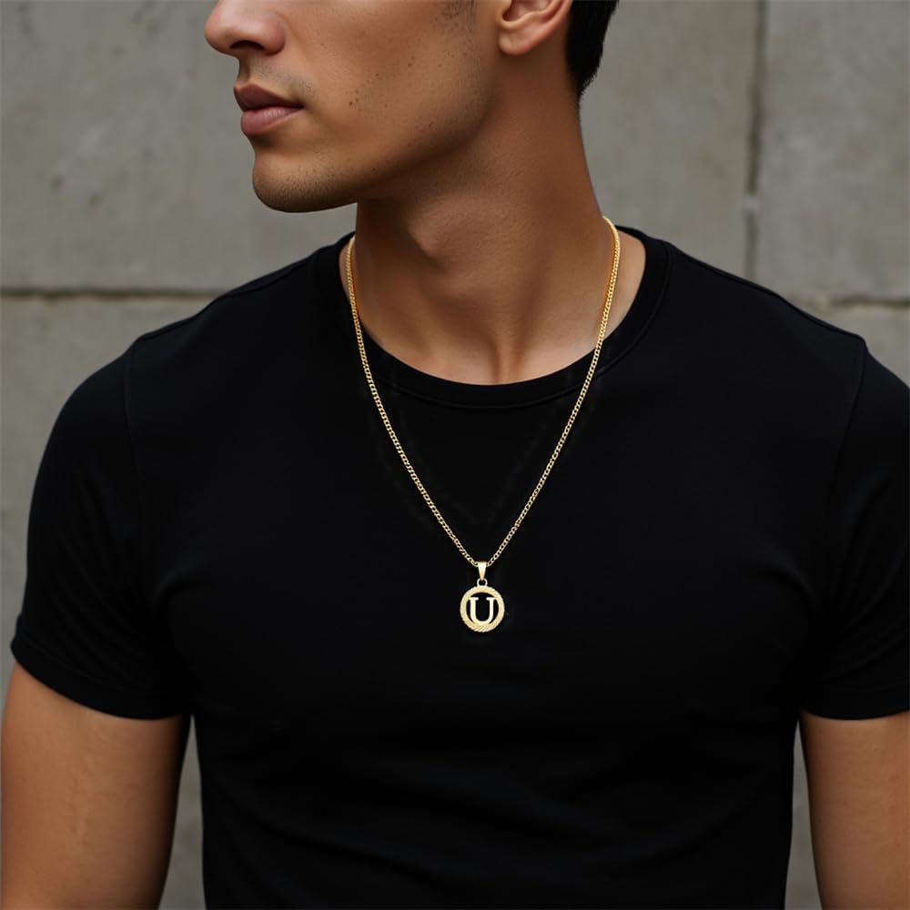 Gold Initial Necklace for Women Men 14K Gold Silver Tone Round Letters Figaro Chain Necklaces, Capital Monogram Alphabets from A-Z- - Image 3