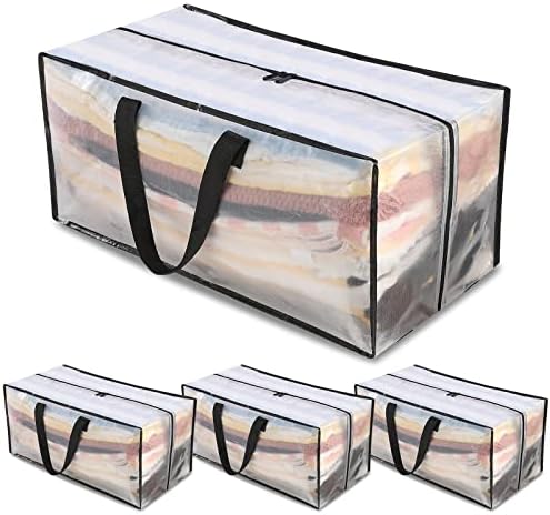 Rihim Moving Bags 90L - 4 Clear Heavy Duty Extra Large Storage Bags for Clothes - Packing Bags with Backpack Straps Strong Handles Zippers - College Travelling Christmas Storage Moving Totes