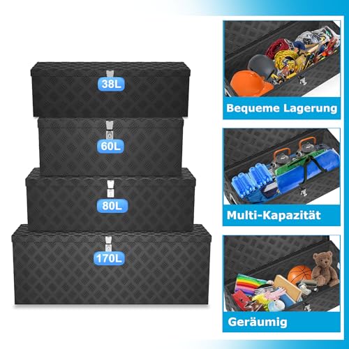 Froadp Aluminium Kiste mit Deckel, 800x220x225 mm Alubox Werkzeugkiste abschließbar, wasserdichte Alu Transportbox für Werkzeuge, Camping & Aufbewahrung (Schwarz)