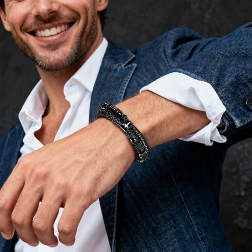 Pulsera cristiana de cuero negro para hombre miniatura 7