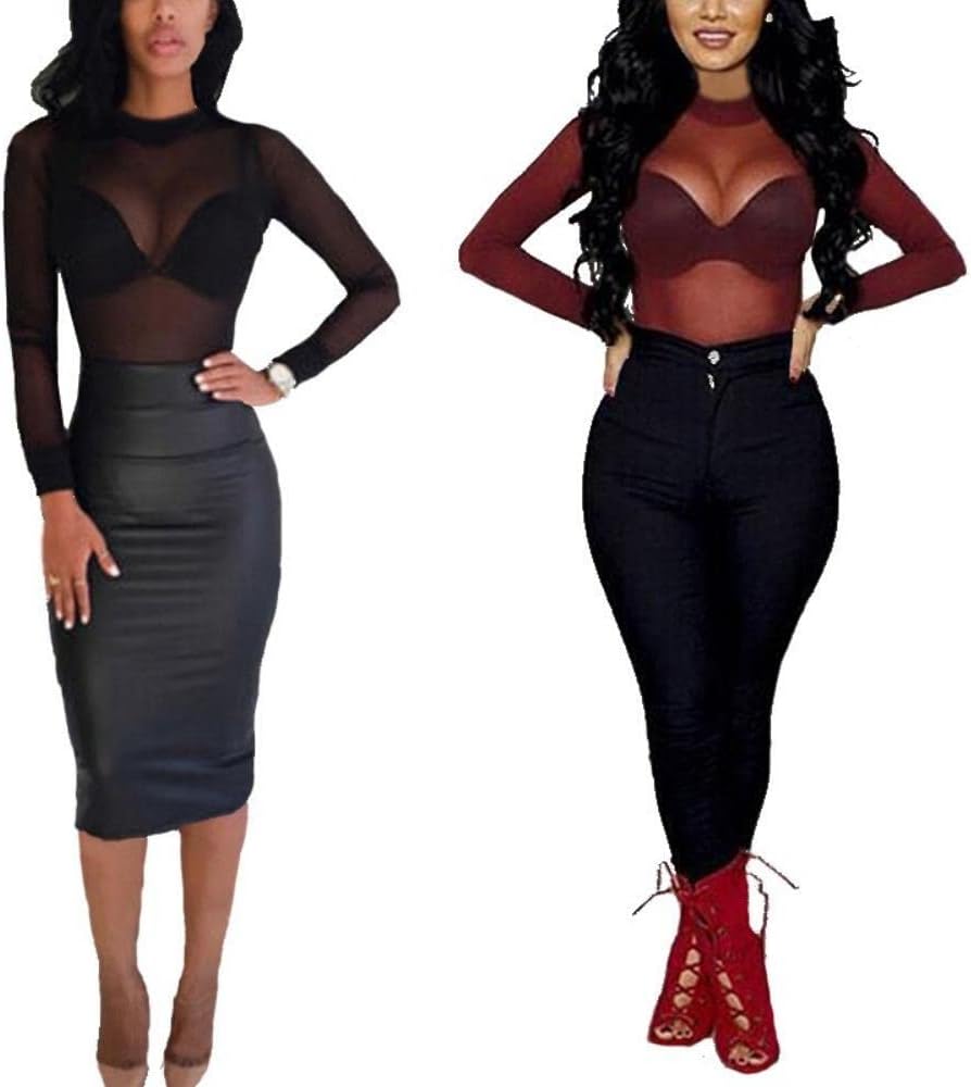 Womens Sheer Mesh Tops Shirts, Long Sleeve Mock Neck See-Through Slim Ladies Blouse T-Shirt Clubwear - Image 5