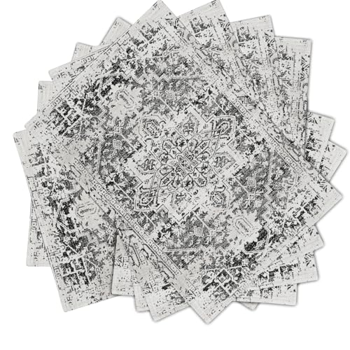 Image of Gray Black Boho Placemats Set of 6 Ethnic Bohemian Carpet Place Mats Washable Kitchen Dining Vintage Grey Geography Floral Linen Table Mats Stain Heat-Resistant Cloth Tabel for Home Party 12x18 in