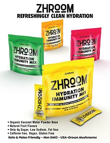 ZHROOM Hydration Immunity Mix–Lemon|Antioxidant&Electrolyte Supplement Drink Mix Powder with 1000mg Organic Functional Mushroom Blend|Refreshing&Thirst Quenching Immune Support(Pack of 16)