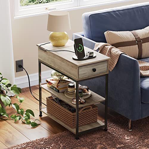 Image of WLIVE Narrow Side Table with 2 USB Ports and 2 Outlets, Flip Top End Table with Drawer and Storage Shelves, End Stand with Charging Station for Living Room, Bedroom, Small Spaces, Greige