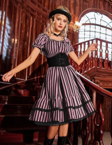 Image of Scarlet Darkness Womens Gothic Pirate Corset A Line Midi Dress with Pockets | Convertible Square /Off Shoulder, Puff Sleeves, Smocked Waist, Pockets, Tiered A-Line Hem. For Daily, Gothic & Witch Cosplay