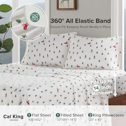 Image of Woolrich Cotton Sheet Set Cottage Charms Print, 100% Cotton Flannel Sheets Warm & Fuzzy Bedding Set Cal King Size Sheets, Fitted Pocket Fits Up to 14 inch Mattress, Cal King Green Tree Trip 4 Piece