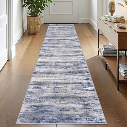 KOZYFLY Modern Abstract Kitchen Runner Rug, 2x10 Washable Rug Runner Non-Slip Soft Striped Hallway Runner Rugs, Grey Blue Print Distressed Carpet Runner for Entryway Bathroom Laundry Room Foyer