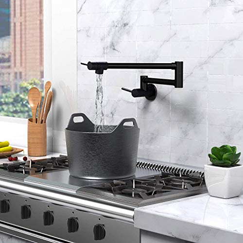 Pot Filler Faucet Wall Mount Matte Black Kmeino With Double Joint Swing Arms Solid Brass Single Hole Two Handles Kitchen Sink Faucet #TOP1