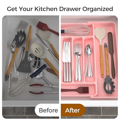 Extra Large Expandable Silverware Organizer, BPA-Free Food-Safe Cutlery Flatware Organizer, Kitchen Utensil Drawer Organizer, Adjustable Silverware Holder for Spoons Forks Knives, Pink