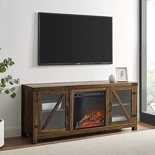 Walker Edison Farmhouse Barn Door Fireplace TV Stand