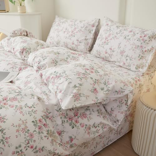 Image of VM VOUGEMARKET Queen Duvet Cover Set Pink Floral Bedding Set on White 100% Cotton Reversible Vintage Comforter Cover with Zipper&Ties