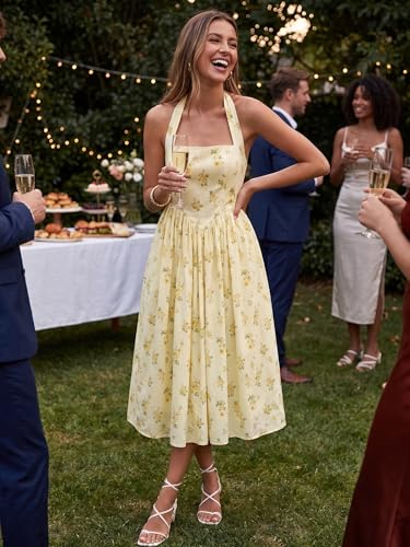 Image of Parthea Women's Floral Halter Corset Midi Dress 2026 Elegant Smocked Flowy Wedding Guest Dresses with Pockets