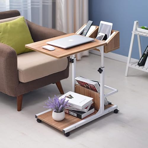 C Shaped Table, Mobile Couch Table w/Wheels, Height Adjustable Sofa Side Table, Wooden Snack Side Table w/Storage, Bedside Laptop Stand for Bedrooms, Study Rooms, Dormitories, Other Small Spaces