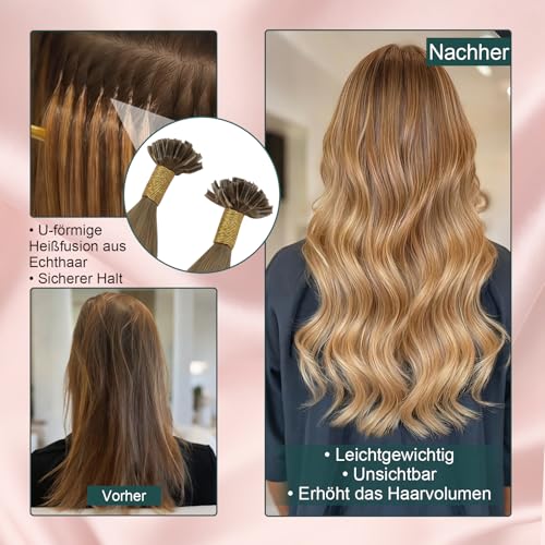 Image of Easyouth 20 Inch Brown U Tip Hair Extensions Ombre, Utip Hair Extensions Human Hair Balayage, 50G 50S, Medium Brown Fading to Platinum Blonde Mix Brown, Ktip Hair Extension, for Various Occasions