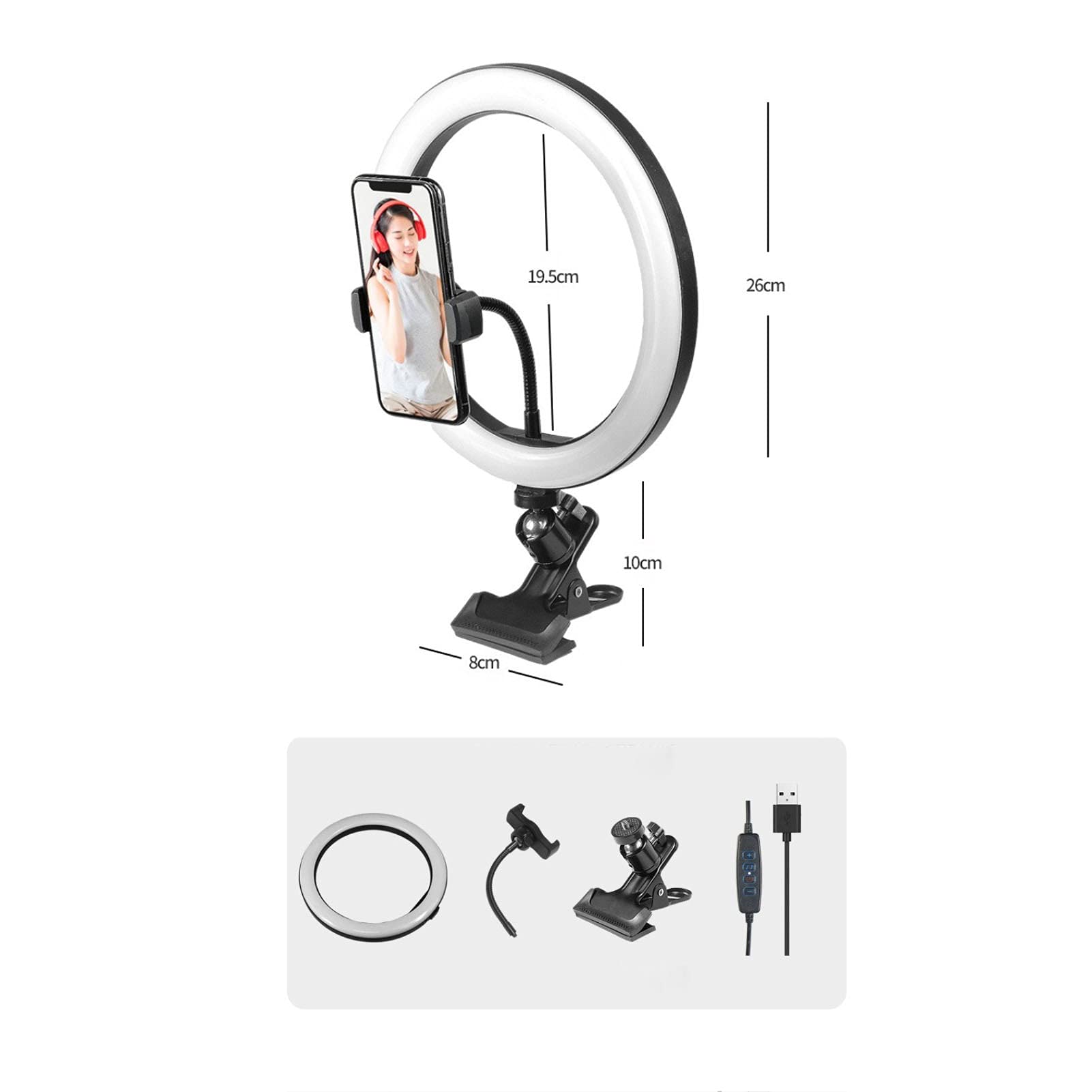 Anello luminoso per selfie da 10 pollici, con morsetto e supporto per telefono, set di illuminazione per videoconferenze USB per scrivania, computer, computer portatile/monitor/trucco/YouTube