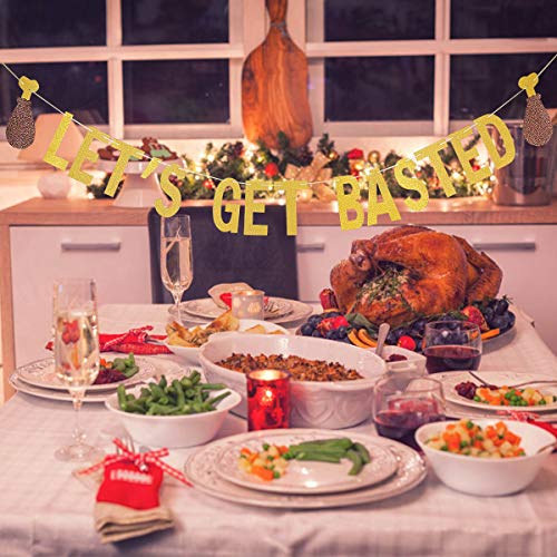 Gold Glitter Let‘s Get Basted Banner Funny Thanksgiving Friendsgiving Banner Decorations for Let‘s Get Basted Thanksgiving Party Decorations — view 2
