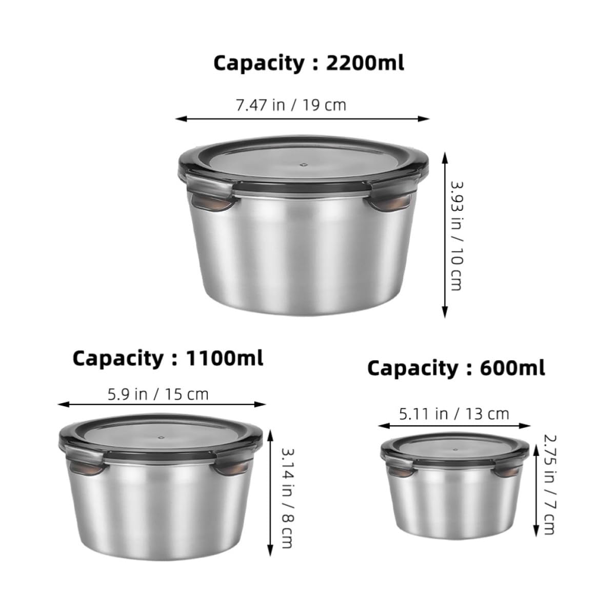 CLISPEED Recipientes de Acero Inoxidable con Tapa 3 Piezas 600ml 1100ml