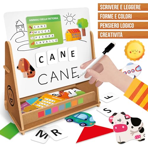 Headu - Lavagna Didattica Magnetica E In Legno - Ricco Kit Educativo Per Imparare A Leggere, Scrivere E Contare Con Il Metodo Montessori, Giochi Educativi 3 4 5 6 Anni, Lavagnetta In Legno Magnetica - 4