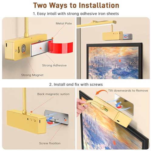 Racokky Picture Light, 15.35inch Wireless Rechargeable 5400mAh Battery Wall Light for Paintings, Picture Lights with Remote, 3 Color Modes and Dimmable Lights for Display, Gallery, Artwork(Gold) - Thumbnail 4