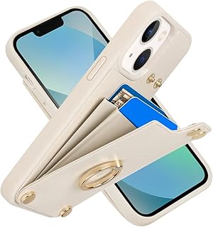 LAMEEKU Wallet Case Compatible with iPhone 13, Case with Card Holder, RFID Blocking Leather Cover 360Â°Rotation Ring Kickstand Protective Bumper Designed for Apple iPhone 13 6.1' (2021) Beige