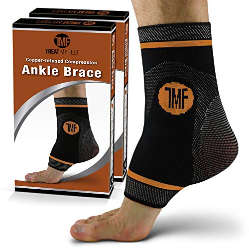 Treat My Feet Pair Of Copper Infused Compression Ankle Brace, Silicone Ankle Support With Copper. Plantar Fasciitis, Foot, Achilles Tendon Pain Relief. Prevent & Support Ankle Injuries & Soreness - M #TOP5