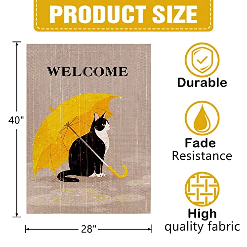 Dyrenson Decorative Welcome Quote Large 28 X 40 House Flag, Cat Yellow Umbrella Garden Yard Outdoor Double-Sided Decor, Kitten Funny Spring Summer Home Outside Decoration #TOP1