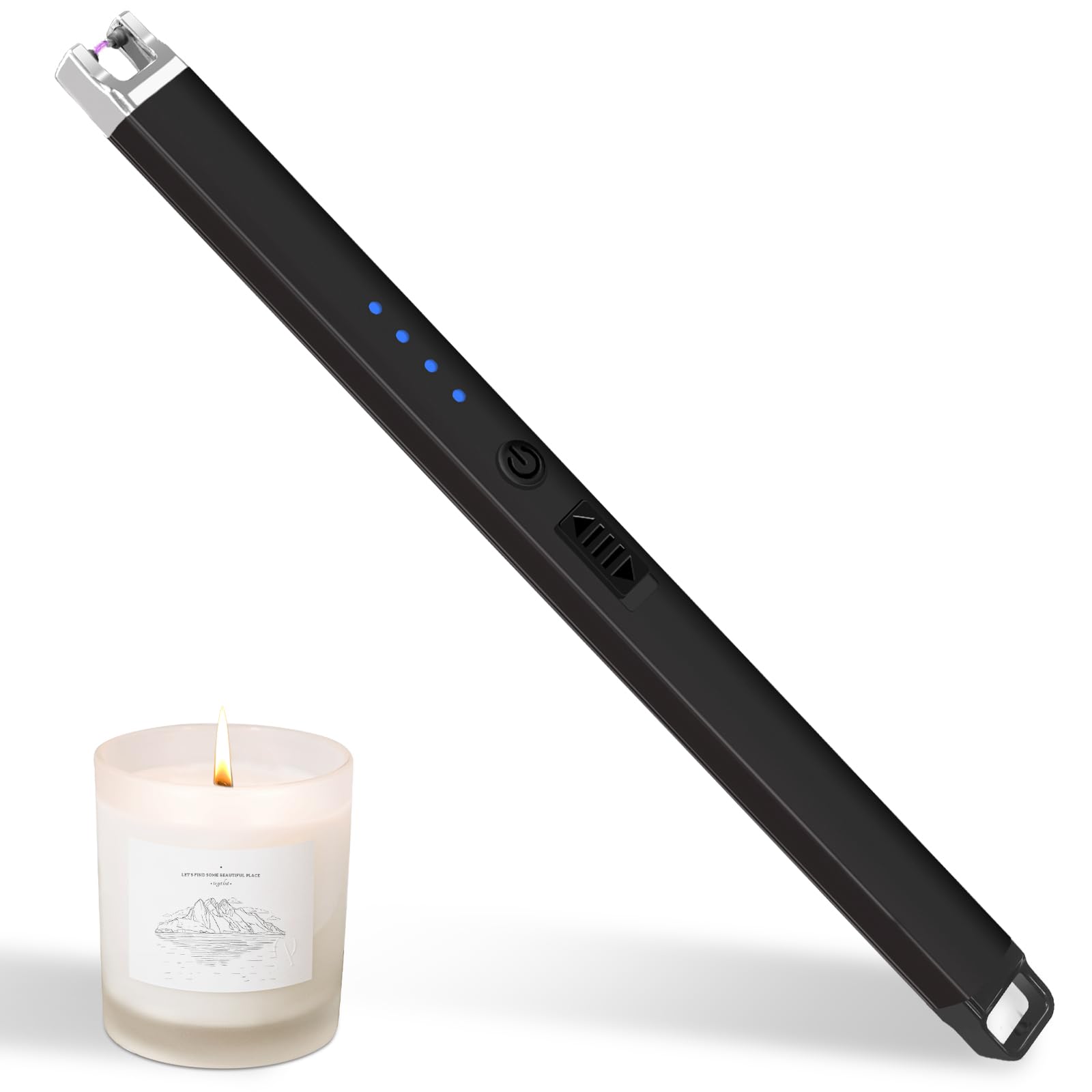 Candle Lighter, Rechargeable USB Electric Lighter, Windproof Flameless, LED Display, Battery Indicator for BBQ, Grill, Camping, Fireplace, Stove, Parties(Black)