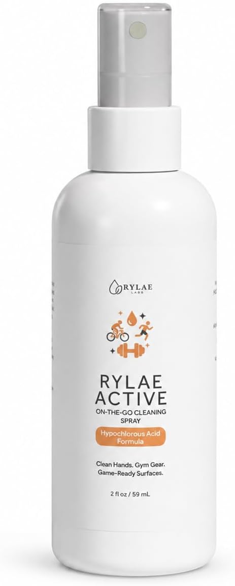 Rylae Active On-the-Go Cleaning Spray | Powered by HOCl (Hypochlorous Acid) | Active Solution for Gym Bags, Fitness Gear & Equipment | No-Rinse Formula | TSA-Friendly | 2 oz