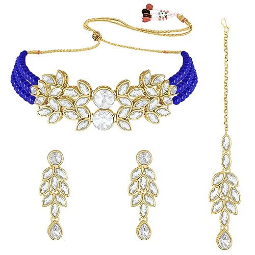 Image of Peora Gold Plated Bridal Crystal Pearl Choker Necklace with Drop Earrings Traditional Jewellery Set for Women