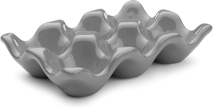 Flexzion Ceramic Egg Holder for Fridge - 6 Cups Egg Tray Half Dozen Porcelain Container Keeper Storage Organizer Decorative Serving Dish Serveware for Refrigerator Countertop Display Kitchen Gray