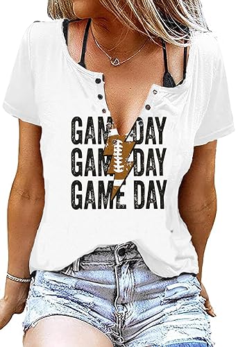 Game Day Football Shirts Women V Neck Cute Graphic Tee Tops Funny Football Game Day Shirts for Teen Girls(White XXL)