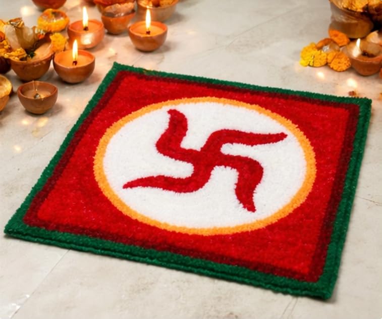 Swastik Chaurang/Bajot Rangoli Mat for Pooja, Soft Mercerised Wool, 30x30 cm, Reusable, Washable, Lightweight and Flexible-image-39