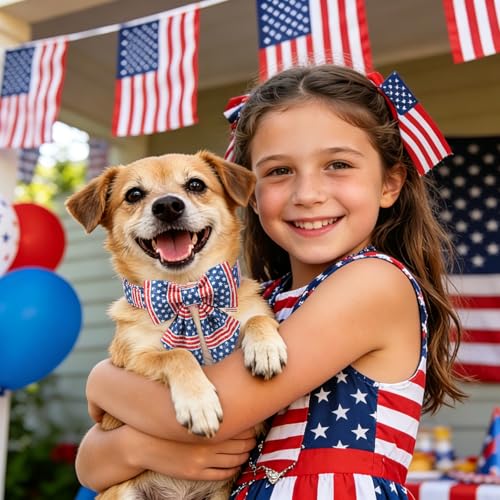 DOGWONG 4th of July American Flag Dog Collar, Red Blue Sailor Bow Tie Dog Collars with Metal Adjustable Buckle, Comfortable Independence Day Dogs Collars for Small Dogs by DOGWONG - Used condition - Image 5