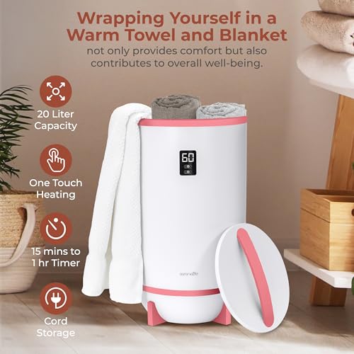 Image of SereneLife Towel and Blanket Warmer - Single Touch Portable Towel Heater for Bathroom, Fragrant Disc Holder, LED Ring, 2 Large Towel Capacity, Built-in Timer (15-60 mins), Auto Shut-Off (Pink)