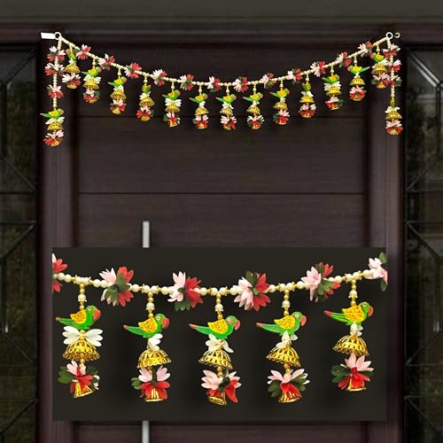 Image of iHandikart Decorative Parrot & Floral Toran for Main Door | 40 Inch, Traditional Bandarwal for Home Entrance & Diwali Decoration Item, Perfect for Diwali & Festive Home Decor and Entrance Decor
