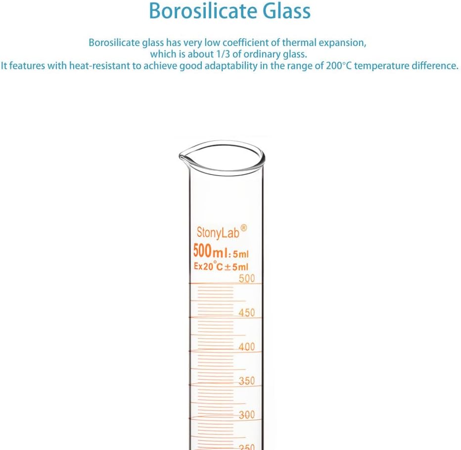 stonylab 1-Pack Graduated Cylinder, Borosilicate Glass 500 ml Heavy Wall Graduated Glass Measuring Cylinder